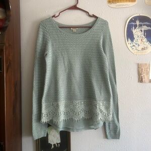Lucky Brand Soft Green Lace Hem Sweater